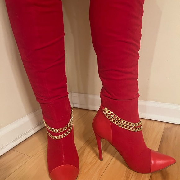 2 Chains Mixed Media Boots RED boots, over-the-knee boots,  stiletto boots - Picture 2 of 11